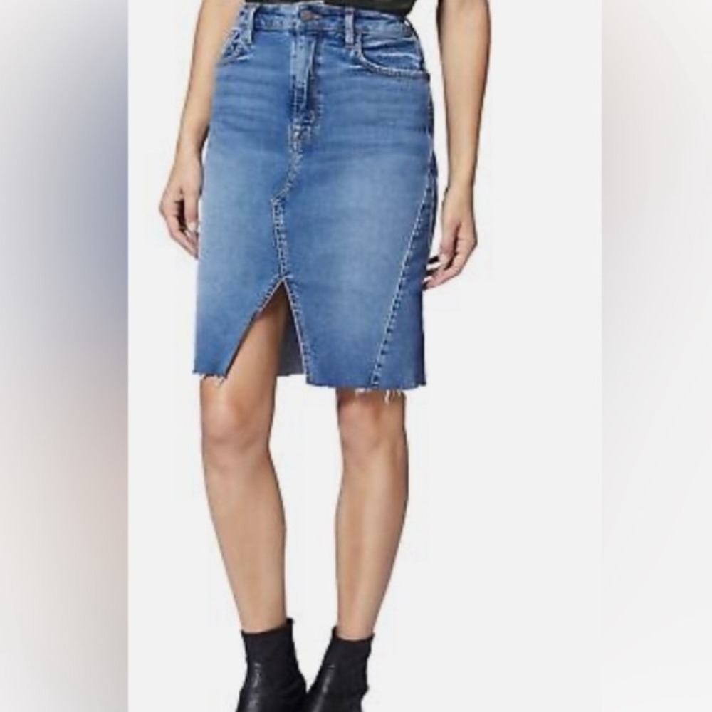 Sanctuary Denim Blue‎ High Waisted Midi Skirt Raw Hem Front Slit Womens 32W
